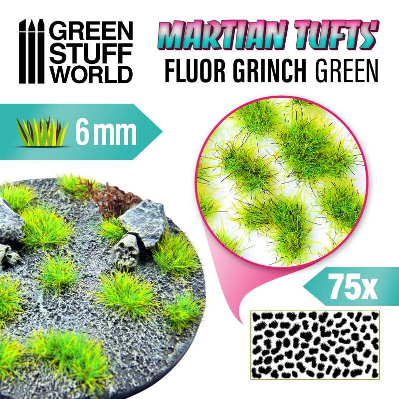 Green Stuff : Touffe d'herbe 6mm "FLUOR Grinch Green" (75pcs) │ Martian Tufts