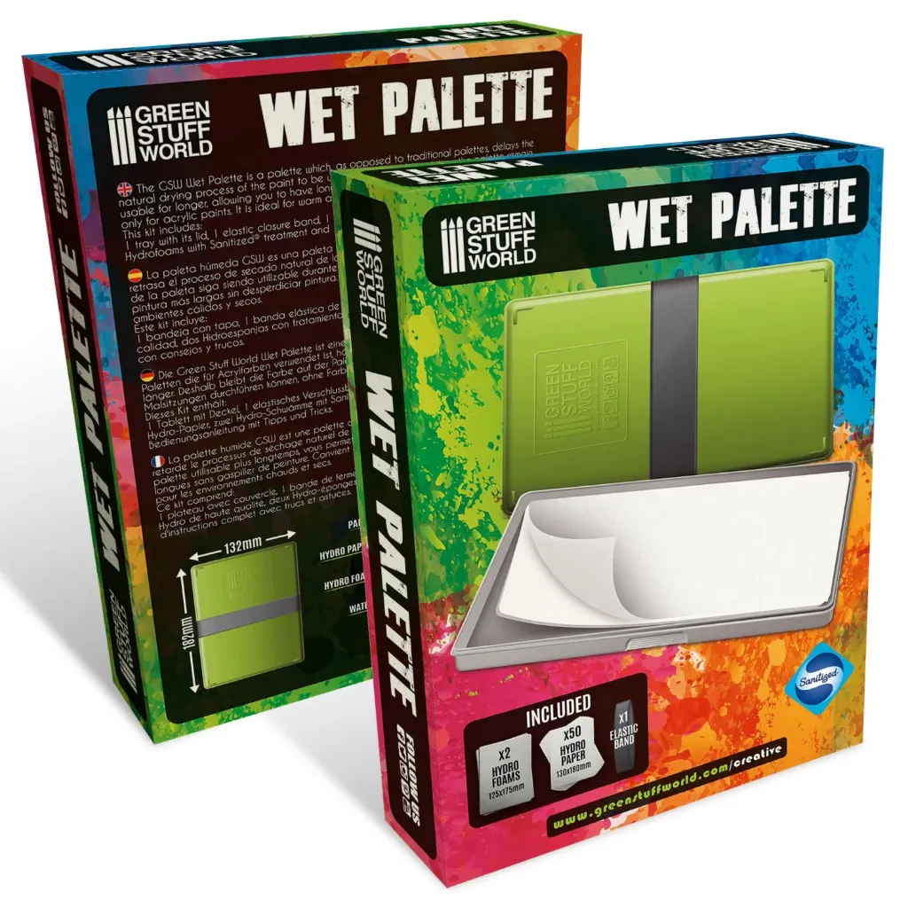 Green Stuff World : Palette Humide pour Peinture Acrylique (Surface 182x132mm + 50 Feuilles & 2 Mousses)