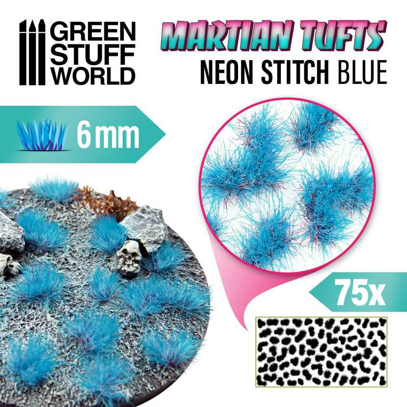 Green Stuff : Touffe d'herbe 6mm "NEON Stitch Blue" (75pcs) │ Martian Tufts