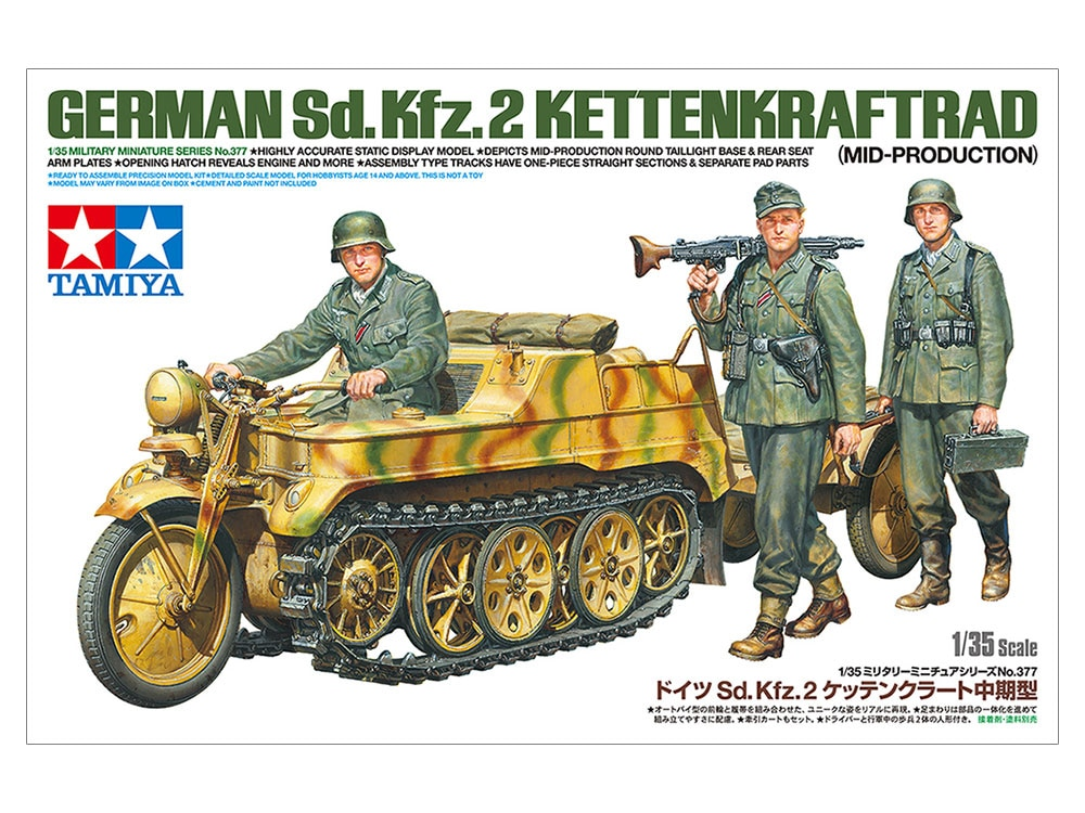 [TYA 35377] Tamiya: Sd.Kfz.2 Kettenkraftrad (Midden-Productie) met Aanhangwagen (1:35) │ Ref. 35377