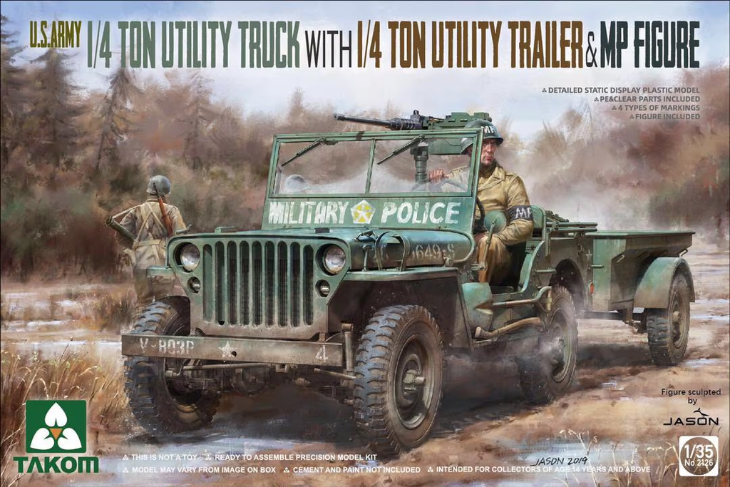 Takom : U.S. Army 1/4 ton Utility Truck avec Remorque et Figurine MP (1/35) │ Ref. 2126