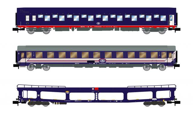 Voiture-lits T2 en livrée bleue, 1 fourgon porte autos SNCB/NMBS