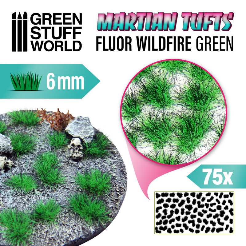 Green Stuff : Touffe d'herbe 6mm "FLUOR Wildfire Green" (75pcs) │ Martian Tufts