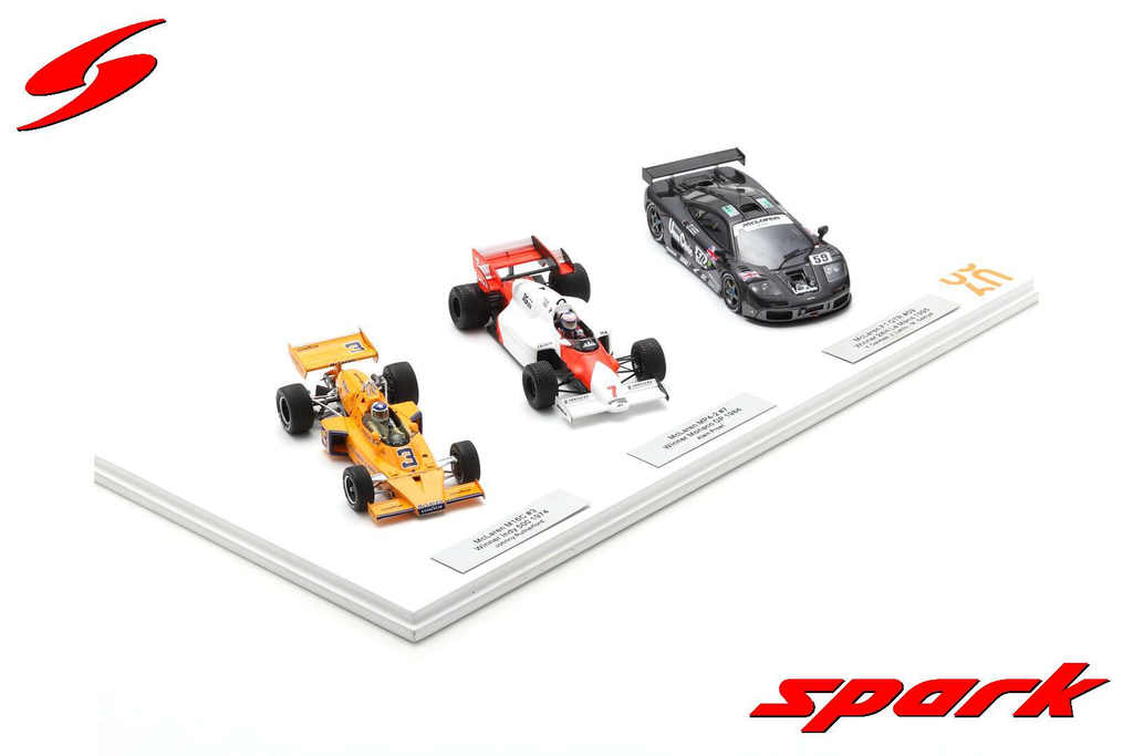 Spark : McLaren Triple Crown │ McLaren M16C - No.3 Winner Indy 500 1974 - Johnny Rutherford │ McLaren MP4-2 No.7 Winner Monaco GP 1984 - Alain Prost │ McLaren F1 GTR No.59 Winner 24H Le Mans 1995 Y. Dalmas - J. Lehto - M. Sekiya [1/43]