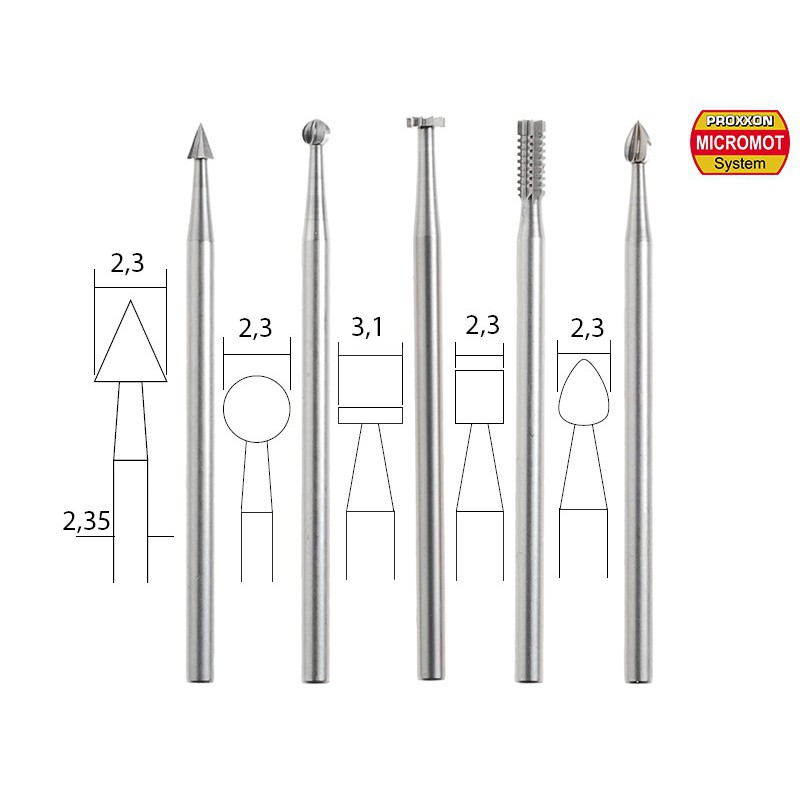 [PRN 28710] Proxxon : Jeu de Fraises de précision 5 pcs Dia 2.3/3.1MM