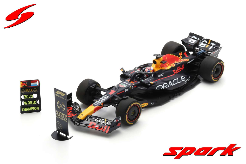 Spark : Oracle Red Bull Racing RB19 │ No.1 Oracle Red Bull Racing 2nd Sprint Race Qatar GP 2023 Formula One Drivers' Champion Max Verstappen With number & pit board [1/18]