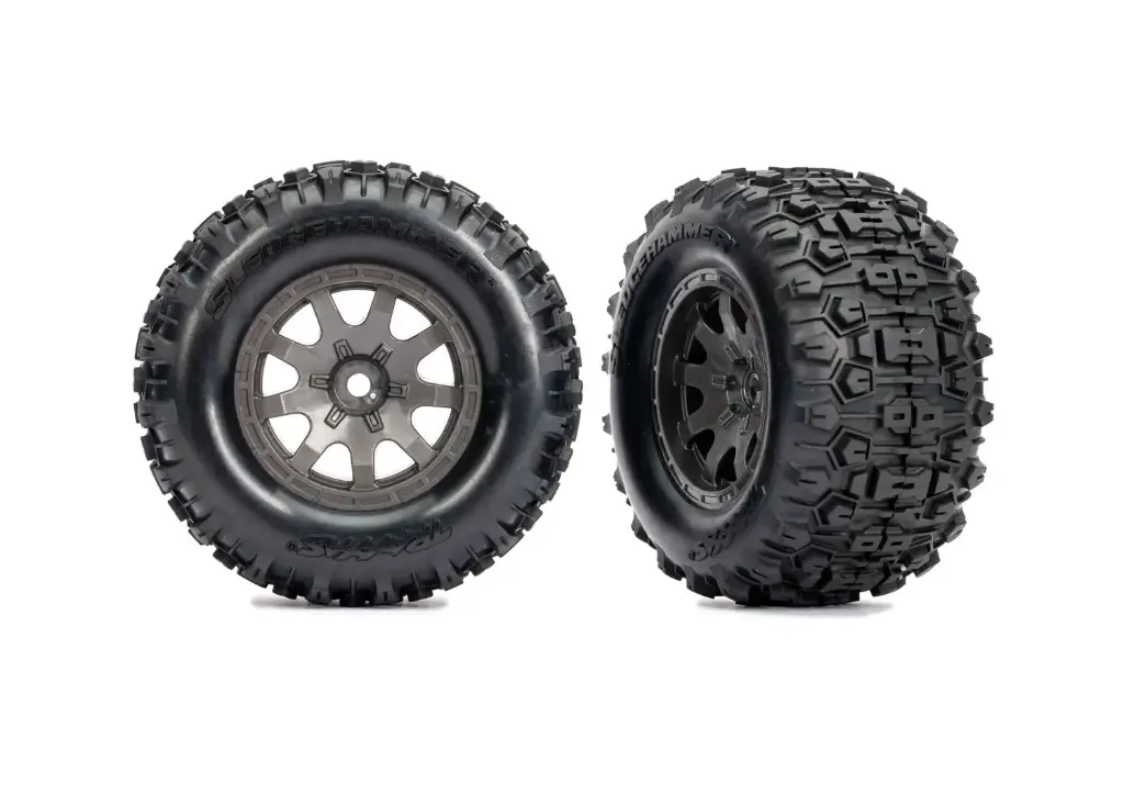 [TAX 10770-GRAY] Traxxas : Tires & wheels, assembled (charcoal gray wheels, dual profile (2.1" outer, 2.6" inner), Sledgehammer tires, foam inserts)) (rear) (2pcs) [TRX10770-GRAY]