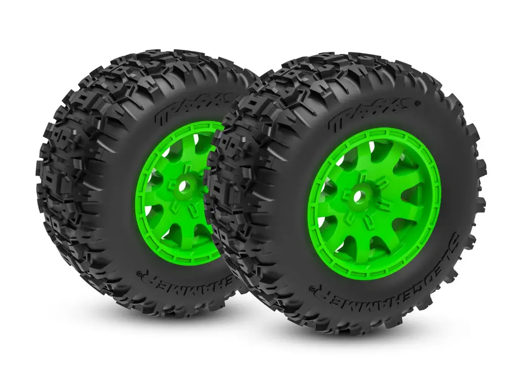 [TAX 10770-GRN] Traxxas :  Tires & wheels, assembled (green wheels, dual profile (2.1" outer, 2.6" inner), Sledgehammer tires, foam inserts)) (rear) (2pcs) [TRX10770-GRN]