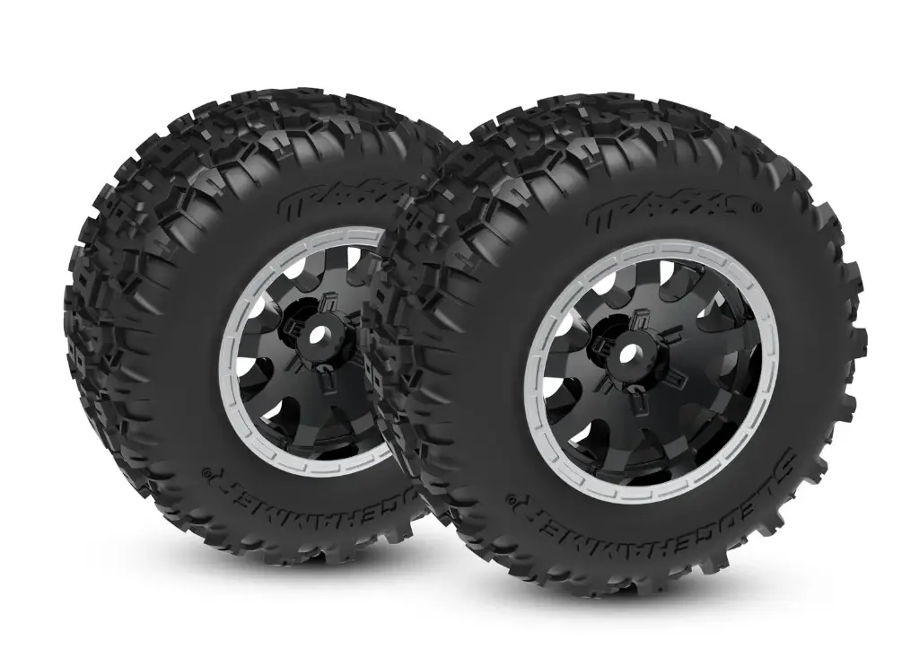[TAX 10771-STBLK] Traxxas :  Tires & wheels, assembled (black with satin beadlock wheels, dual profile (2.1" outer, 2.6" inner), Sledgehammer tires, foam inserts)) (front) (2)