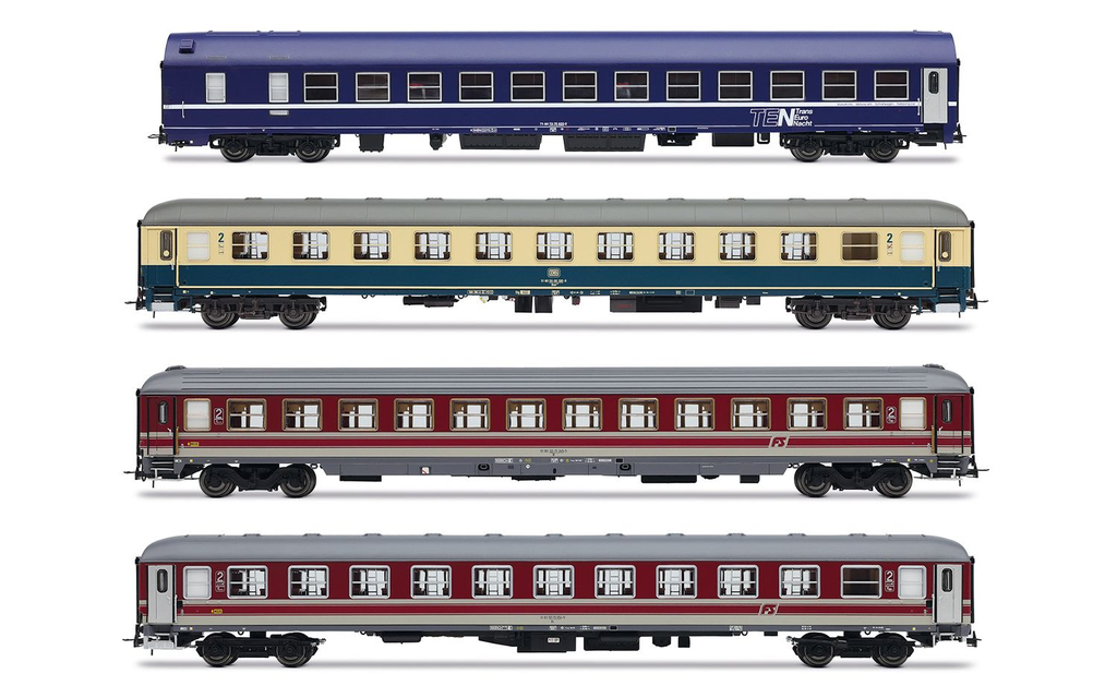 Rivarossi : Coffret "Italien-Holland-Express", NS WLABm MU TEN, DB Bcm 243 blue-beige, FS UIC-X 2nd cl. red-grey + FS UIC-X '68 couchette red-grey