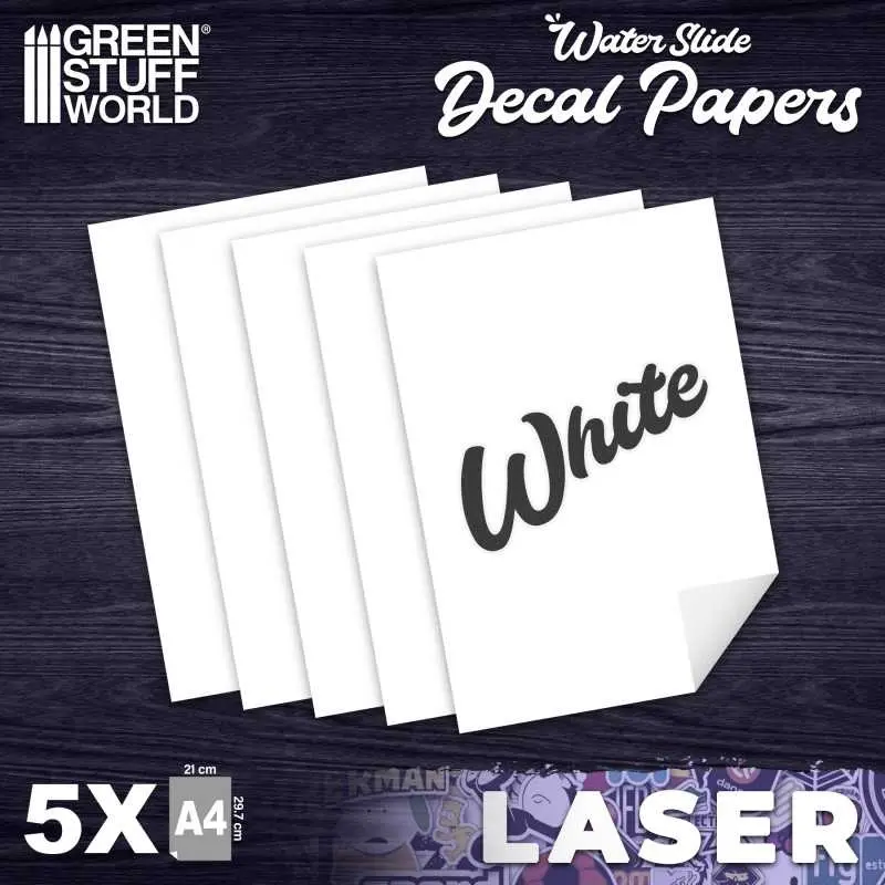 Green Stuff : Feuille de décals A4 Blanche pour imprimante Laser (5pcs)