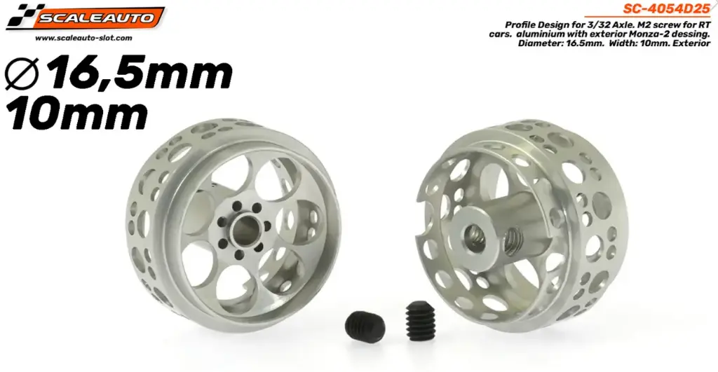 Scaleauto : Jantes Profile Design for 3/32 Axle. M2 screw for RT cars. aluminium with exterior Monza-2 dessing. Diameter: 16.5mm. Width: 10mm. Exterior diameter 14.3mm 