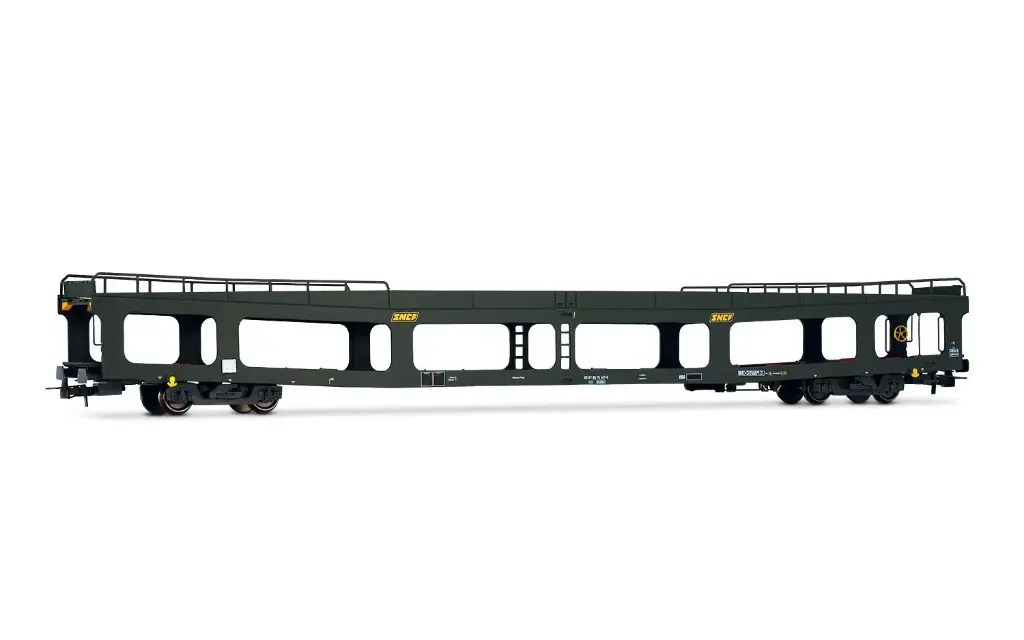 Jouef : Fourgon Porte-Automobiles DD DEV 66, livrée verte avec logo « Encadré » Jaune │ Époque IV - SNCF 