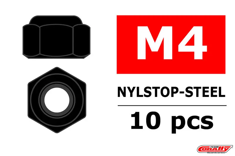 Team Corally : Ecrou Hexagonal Nylstop M4 en Acier noirci (10pcs)