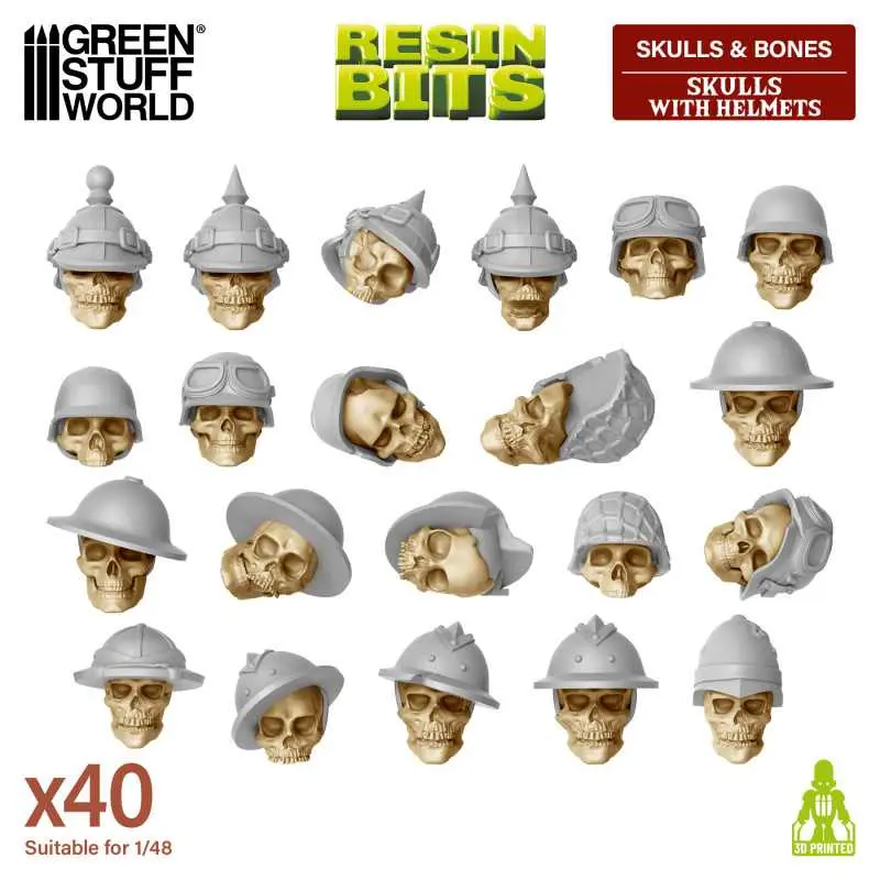 Green Stuff : Crânes avec casques (1/48) (40pcs) │Resin Bits