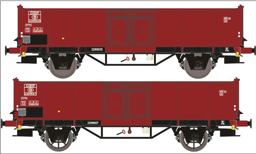 [EXT EX23981] Exact-Train : 2 Wagon Tombereau uic :  2289035/2289007 EUROP Brown with spoked and disc wheels Ep. III SNCB NMBS