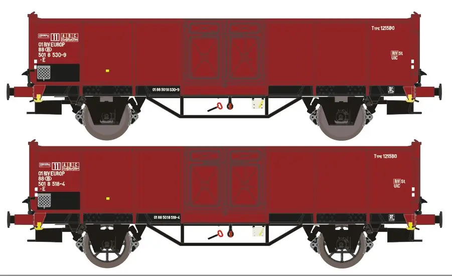 Exact-Train : 2 Wagon Tombereau uic :   Nr. 501 8 530-9/501 8 518-4 EUROP Braun mit Speichen- und Scheibenrädern Ep. IIIc/IVa SNCB-NMBS