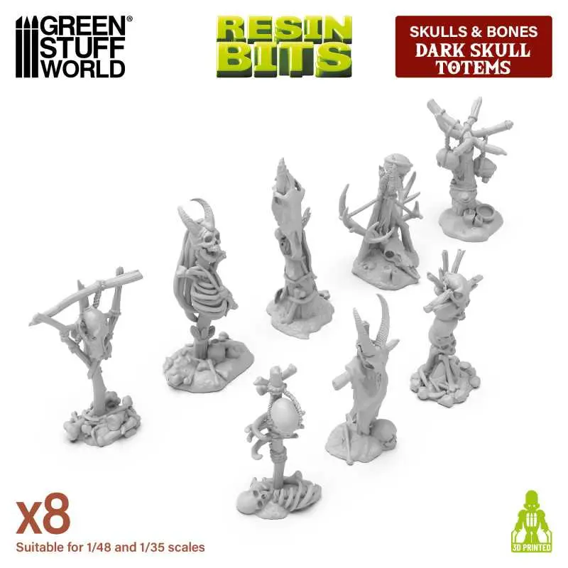 [GSW 12734] Green Stuff : Dark Skull Totems (8pcs)(1/48) │ Skulls & Bones • Resin Bits