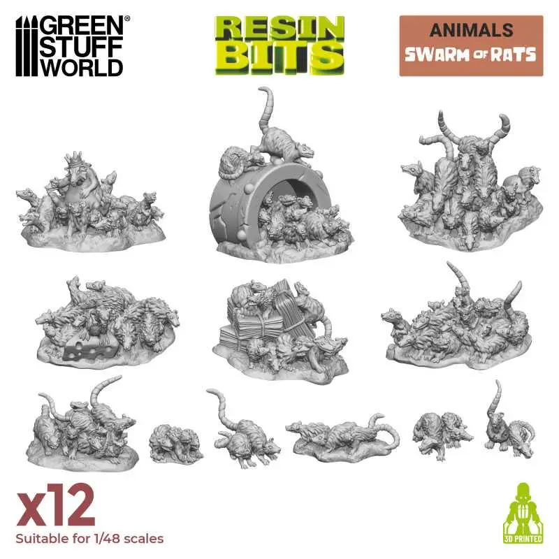 Green Stuff : Swarm of Rats (30pcs)(1/48) │ Animals • Resin Bits