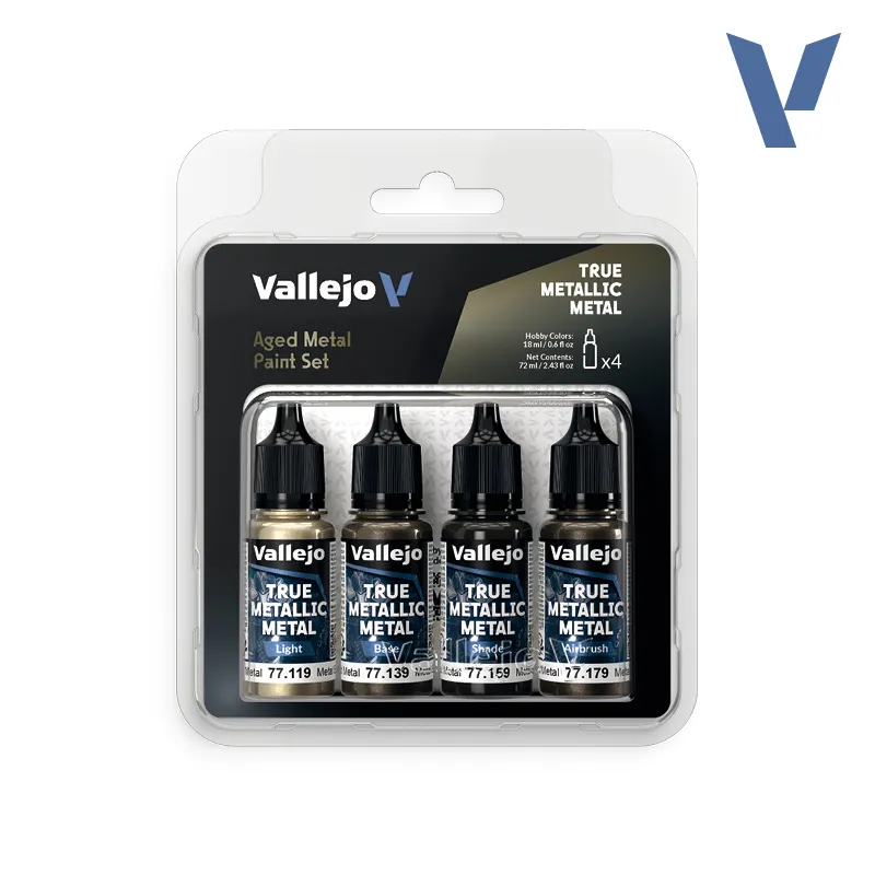 [VAL 77.254] Vallejo : Set de Peintures Métallisées Aged Metal  - True Metallic Metal (4 x 18ml) │ Ref. 77.258