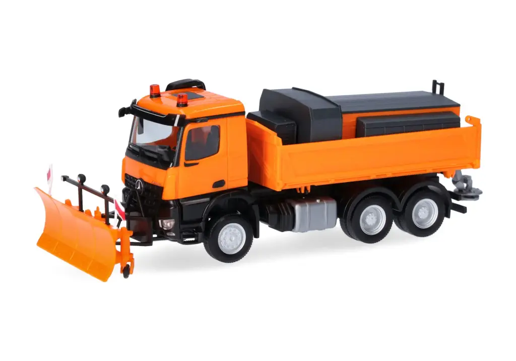Herpa : Mercedes-Benz Arocs 18 M avec chasse-neige et conteneur à gravier, orange municipal.