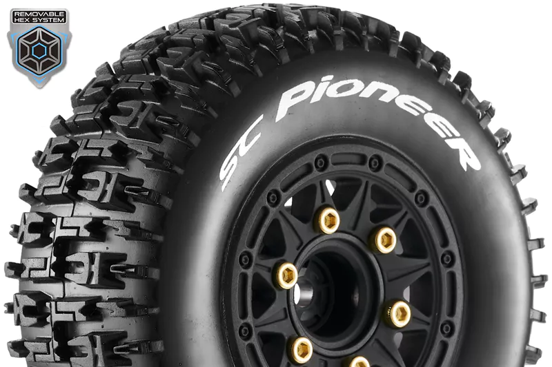 [LRC T3148SB] Louise RC : Pneu SC Pioneer "Soft" collé sur Jante Noir - HEX Amovible 12/14/17mm │ 4WD [Rear]