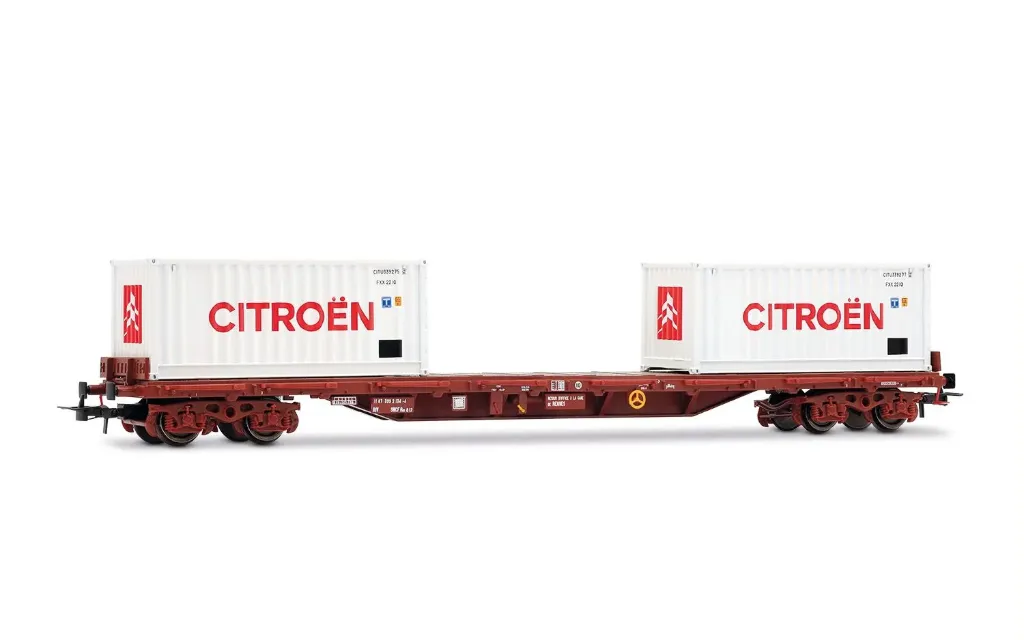Jouef : Wagon Plat à 4 essieux RS avec conteneurs 20' Citroen  - DC SNCF Epoque IV