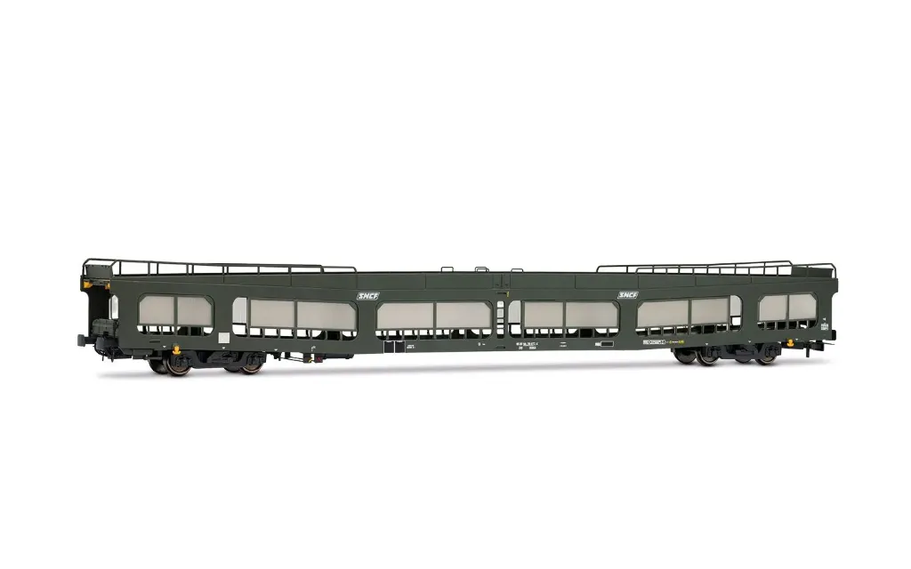 Jouef : wagon porte-autos DD DEV 66, livrée verte avec logo blanc « Encadré », avec des panneaux de protection semi-transparents SNCF DC IV
