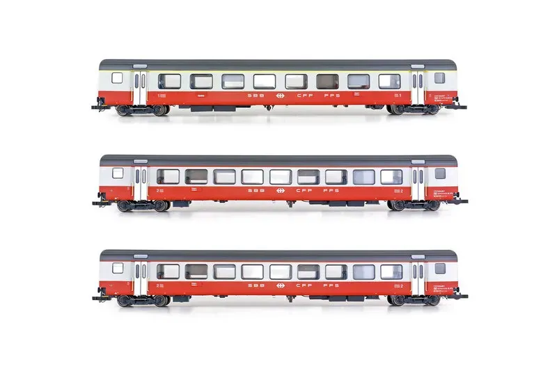 Models World : Voitures Swiss Express St.Gallen - Genève . DC SBB Epoque IV avec éclairage  3PCS
