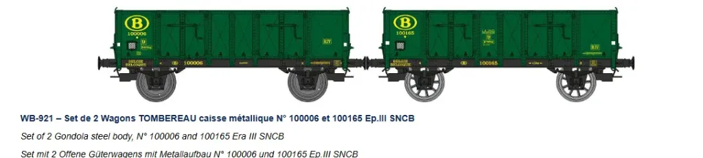 [REE WB-921] REE Modeles :  Set de 2 Wagons TOMBEREAU caisse métallique N° 100006 et 100165 Ep.III SNCB DC Epoque III