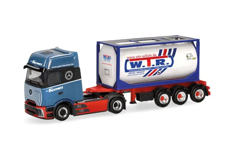 Herpa : Camion Mercedes-Benz Actros L ProCabin G. • Semi-remorque porte-conteneur citerne 20 pieds Bermes "W.T.R. Tankcleaning"