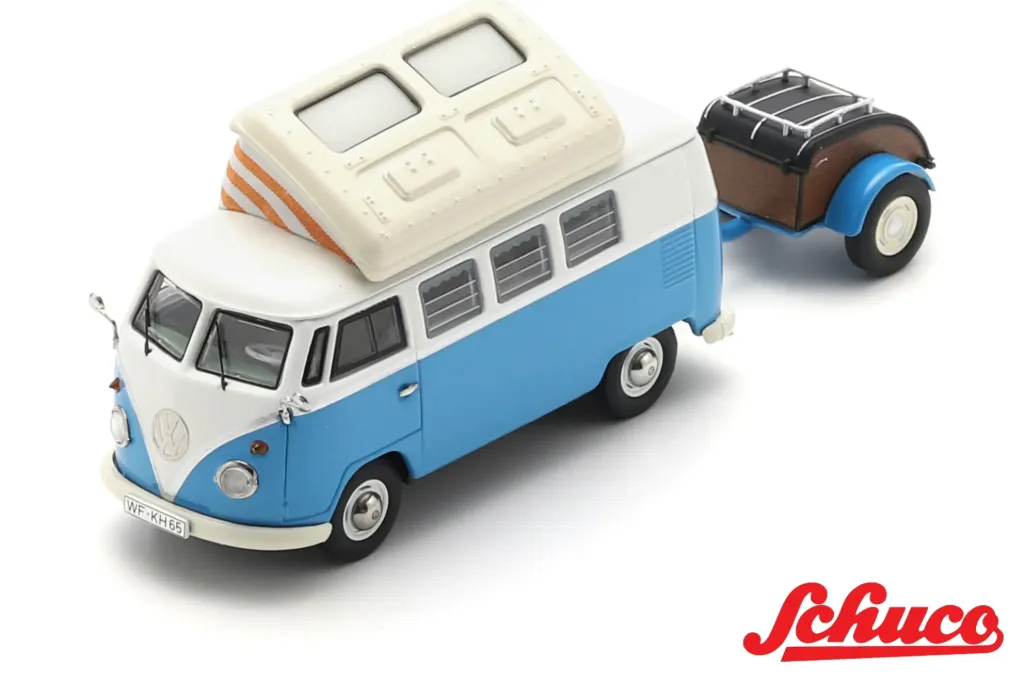 Schuco : VW T1 Campingbus + Westfalia trailer, blauw/wit
