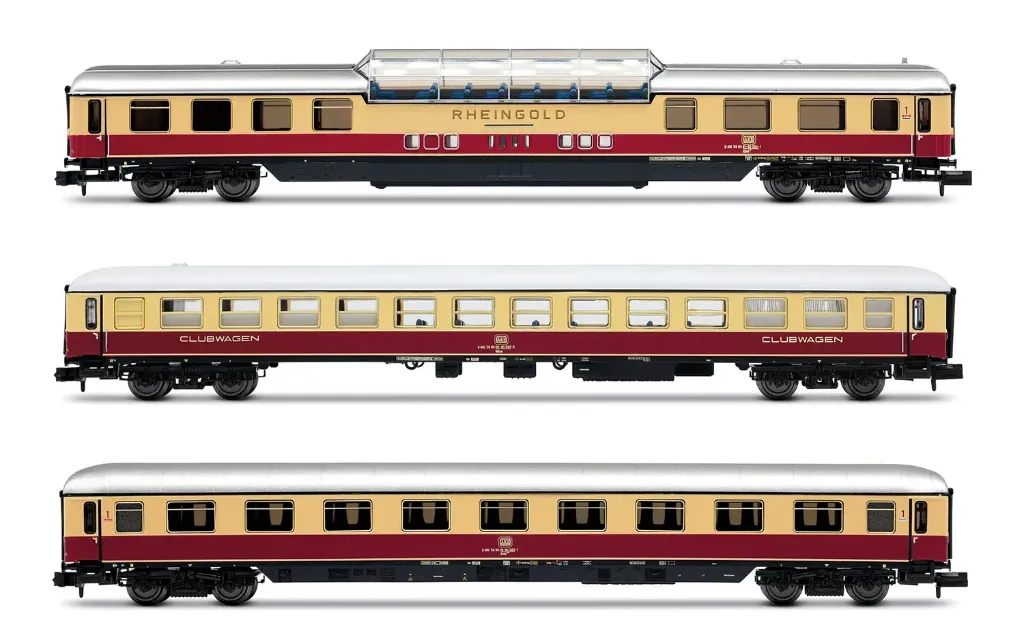 Arnold : AKE, coffret de 3 voitures « Rheingold », coffret 1/2, composé de 1 x voiture panoramique ARDm + 1 x voiture club WGmh + 1 x voiture Avmz, Epoque VI -DC-DB