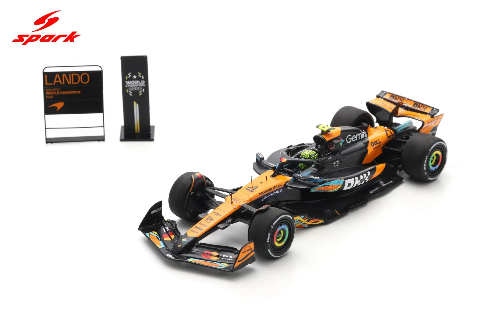 [SPK S9678] Spark : McLaren MCL39 No.4 3rd Abu Dhabi GP 2025 Lando Norris F1 Drivers' World Champion 2025 with bigger base & tyre marks & pit board 5 (1/43)
