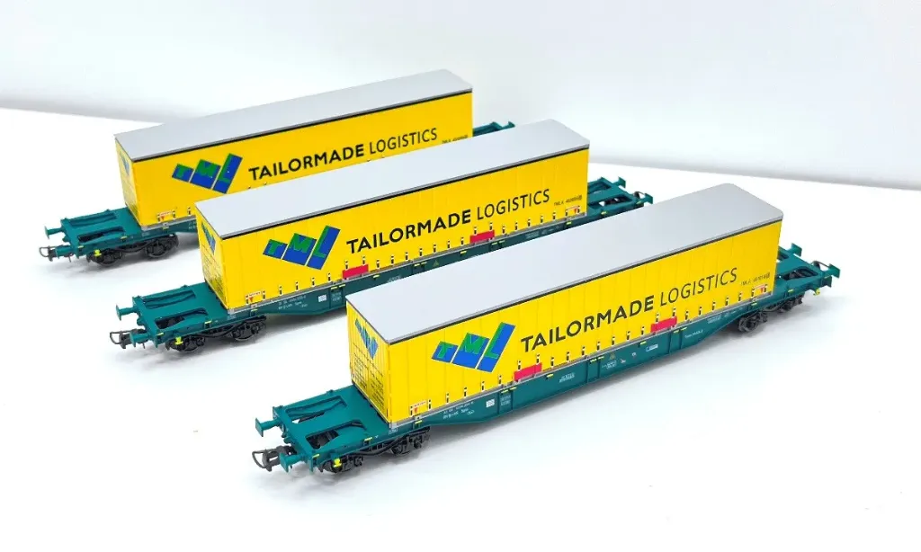 [BMOD 54.305] Bmodels : coffret de 3 wagons SNCB - TML 45ft bache containers Tailormade Logistics Belgium DC Epoque V