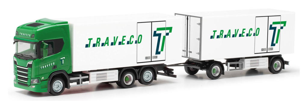 Camion SCANIA CR 20 HD 6x2 HERPA 1/87 Avec Remorque 1+1 Essieu TRAVECO – Vert