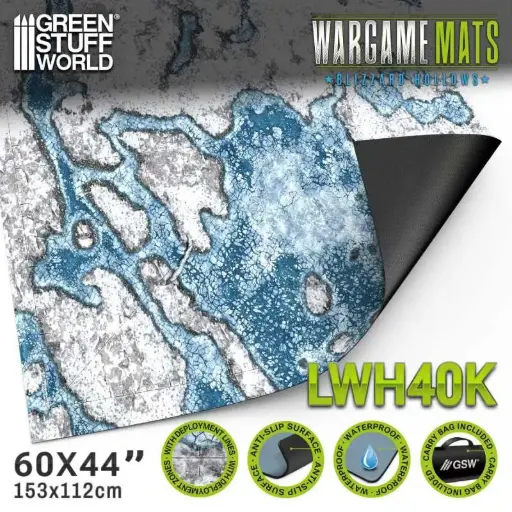 [GSW 5877] Green Stuff : Tapis néoprène 44x60" Blizzard Hollows avec zones de déploiement 